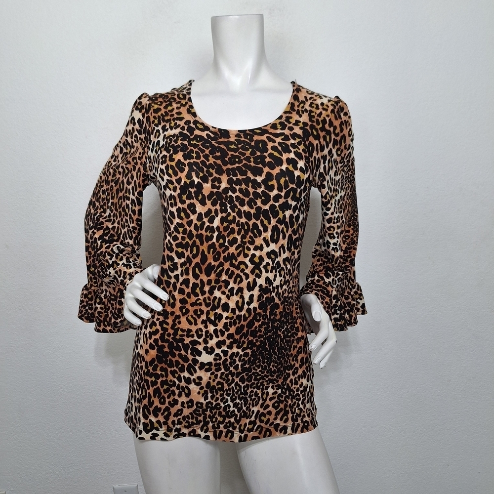 Attitudes by Renée Leopard Print Mobwife Wide Bell Ruffle Sleeve Top Size XXS